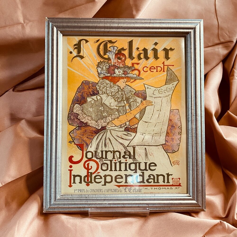 Framed Modern Vintage Look French Art Nouveau Journal Politique Lady Reading